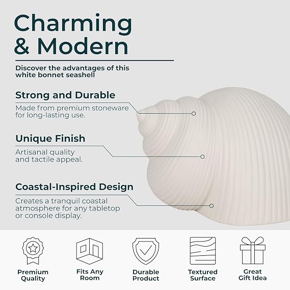 Coastal Ceramic Figurine for Home, Bathroom, Office, and Room Decor - Seashell Inspired Ornament for Living Room Styling - Modern Sculpture for Shelf and Coffee Table Display- 4, White