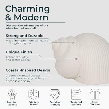 Coastal Ceramic Figurine for Home, Bathroom, Office, and Room Decor - Seashell Inspired Ornament for Living Room Styling - Modern Sculpture for Shelf and Coffee Table Display- 4, White
