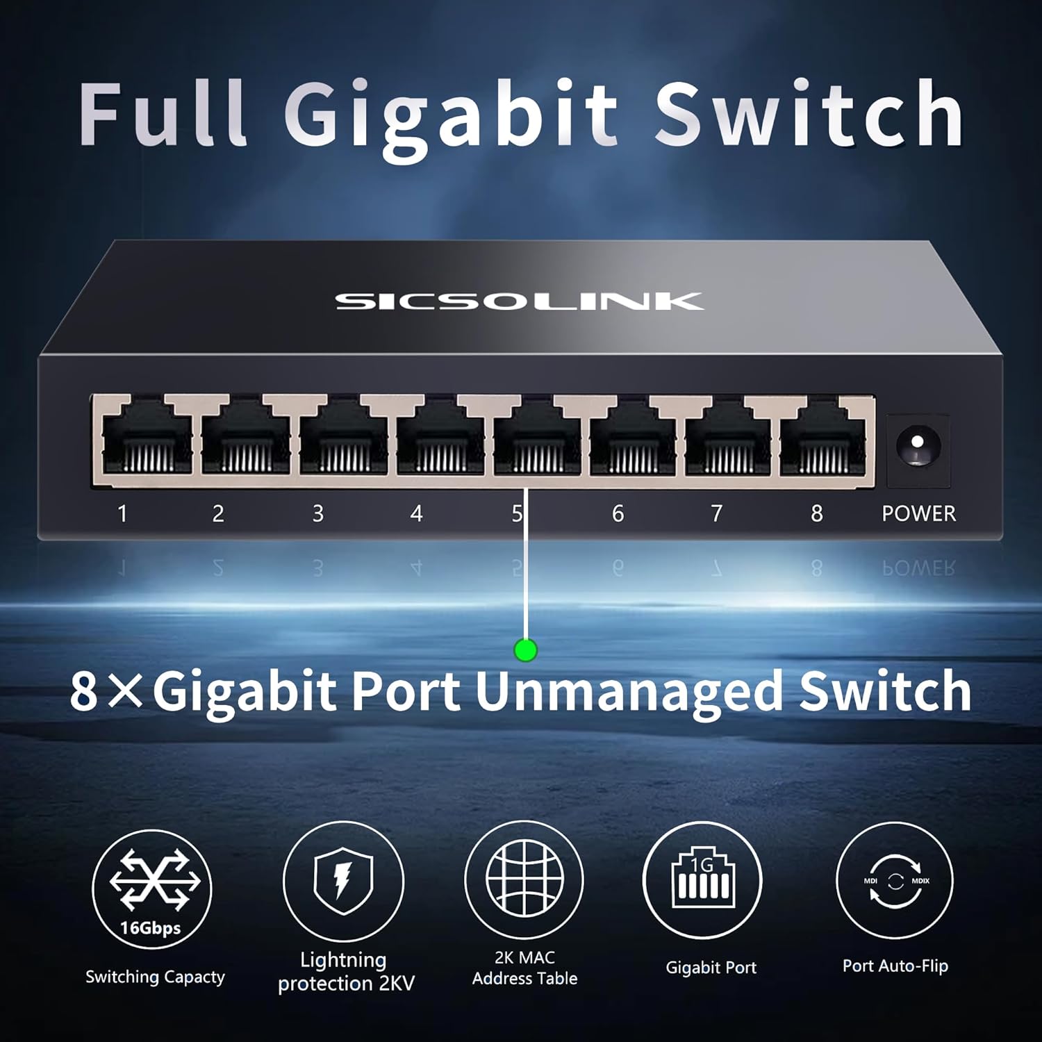 8 Ports Gigabit Unmanaged Ethernet Switch, Network Hub, Ethernet Splitter, Plug & Play, Fanless Metal Design, Traffic Optimization