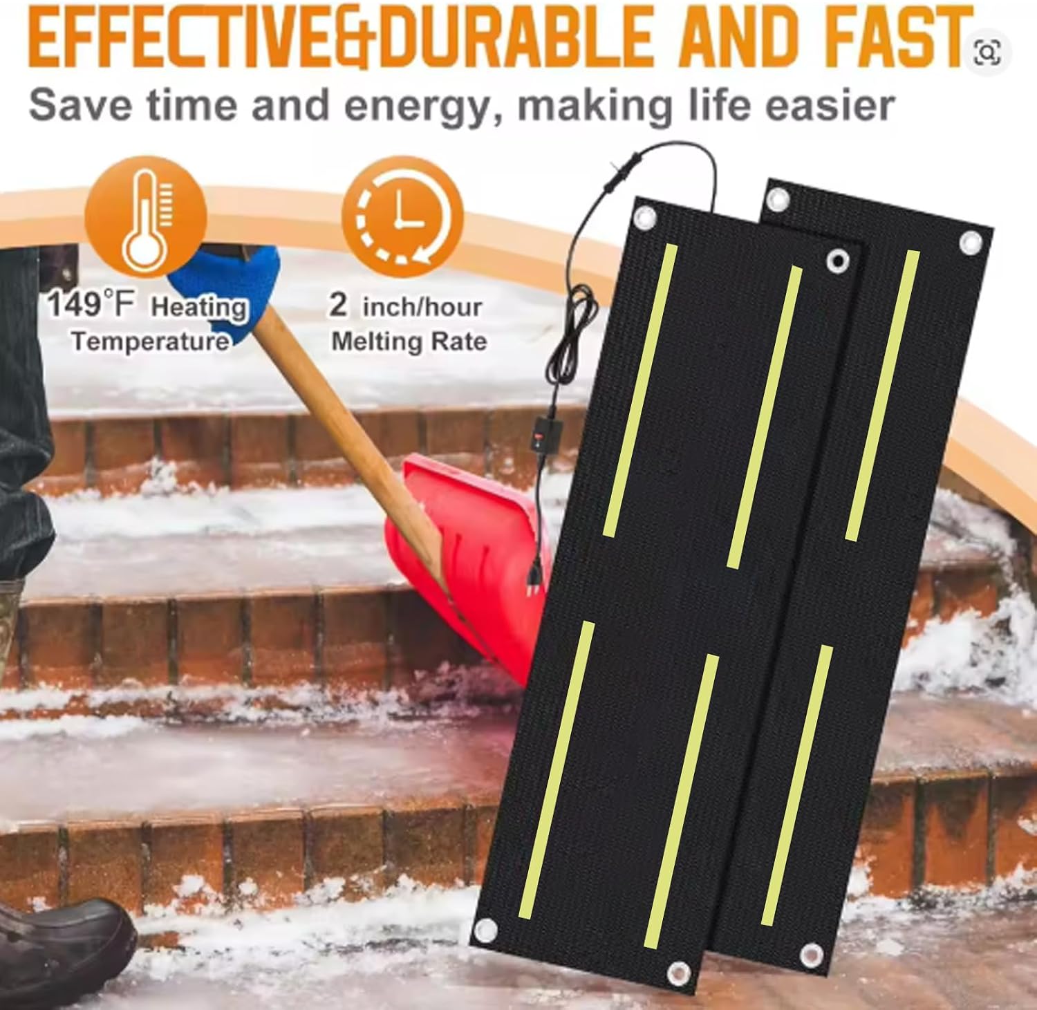 Heated Snow Melting Mats, Electric Outdoor Rubber Mats for Winter Snow & Ice Removal, Anti-Slip Heated Mats for Stairs, Steps, Walkway, Driveway, Decks Sidewalks,1pcs,10x48inch