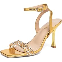 Womens Rhinestone High Heel Sandals Square Open Toe Ankle Strap Sparkly Clear Strap Stiletto Heels Metallic Dress Shoes for Wedding Party Prom Evening