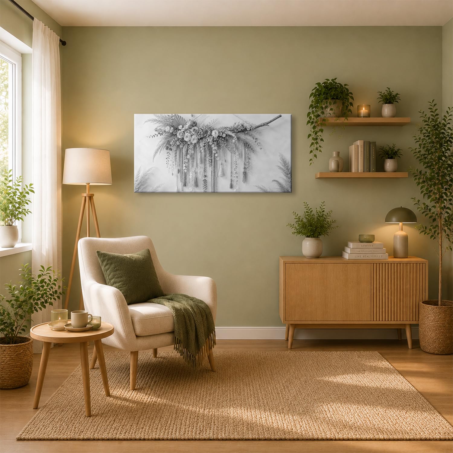 Leinwandbild Trockenblumen und Quasten an einem Ast 120x60cm Schwarz&Weiß