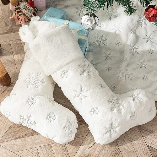 Miniatura 52 de 2 Pack Snowy White Christmas Stockings with Faux Fur, Plush 22 inches Xmas Stocking with Gold Embroidered Snowflake Hanging Ornaments for Home Xmas