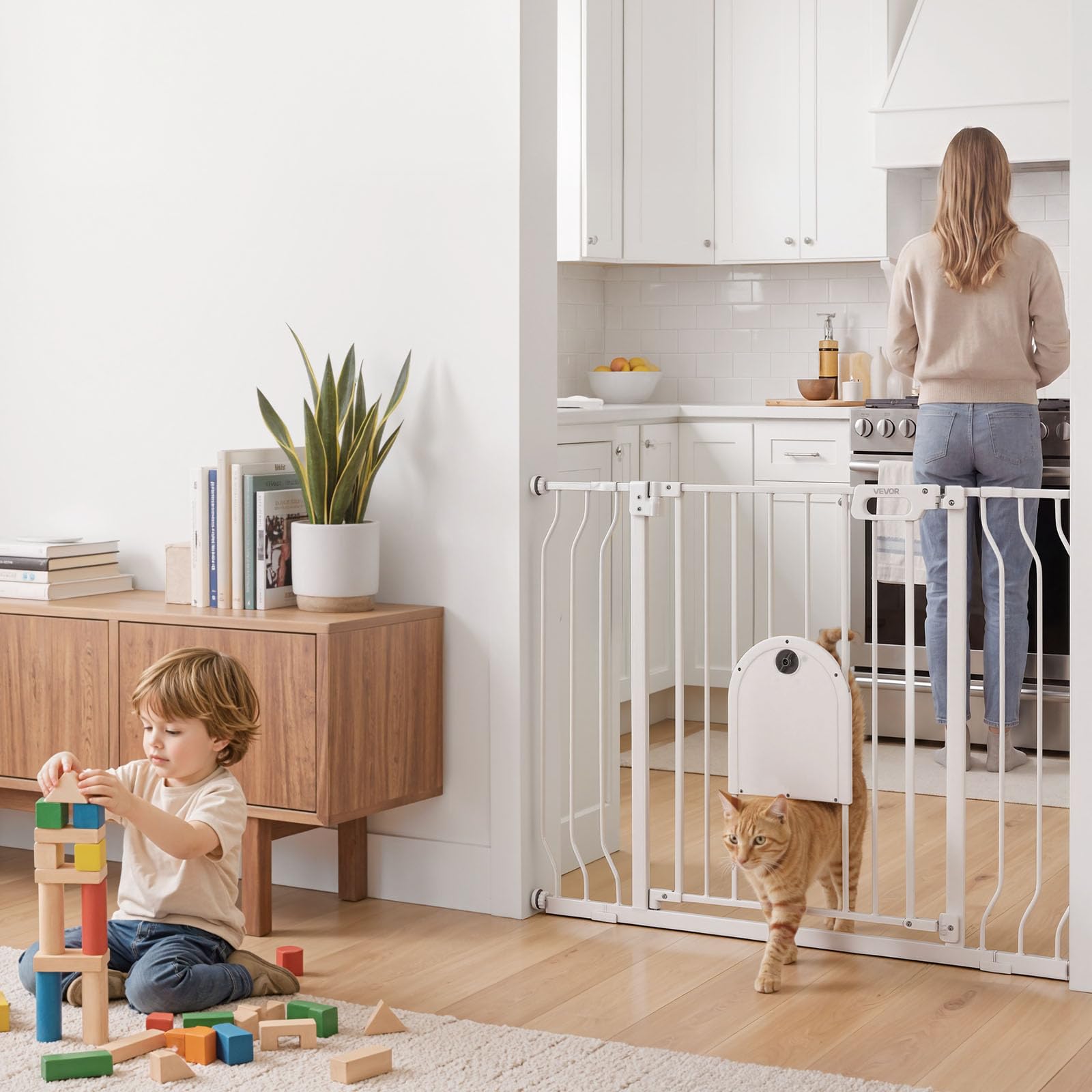 VEVOR Barrera de Seguridad para Niños, Ajustable de 75 a 111 cm, Alto de 76 cm, Valla de Seguridad Infantil con Puerta para Gatos, con Accesorios de Montaje, para Escaleras Puertas Salón, Color Blanco
