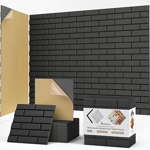 12Pack Acoustic Panels, Self-Adhesive 3D Brick Pattern Sound Proof Panels for Walls, Decorative Sound Dampening Wall Panels for Recording Studios, Offices, Home, 12"×12"×0.4", Black