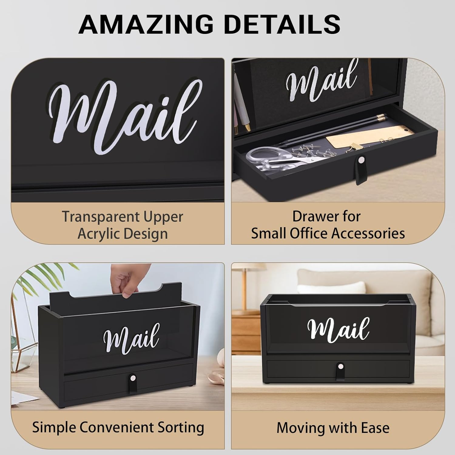 Two-Layer Solid Wooden Mail Storage Organizer Holder with Clear Acrylic Top and Bottom Drawer, Leather Handle, Keeping Mail, Bills, Letters, Cards and Office Supplies in One Place, Home Decor Gifts