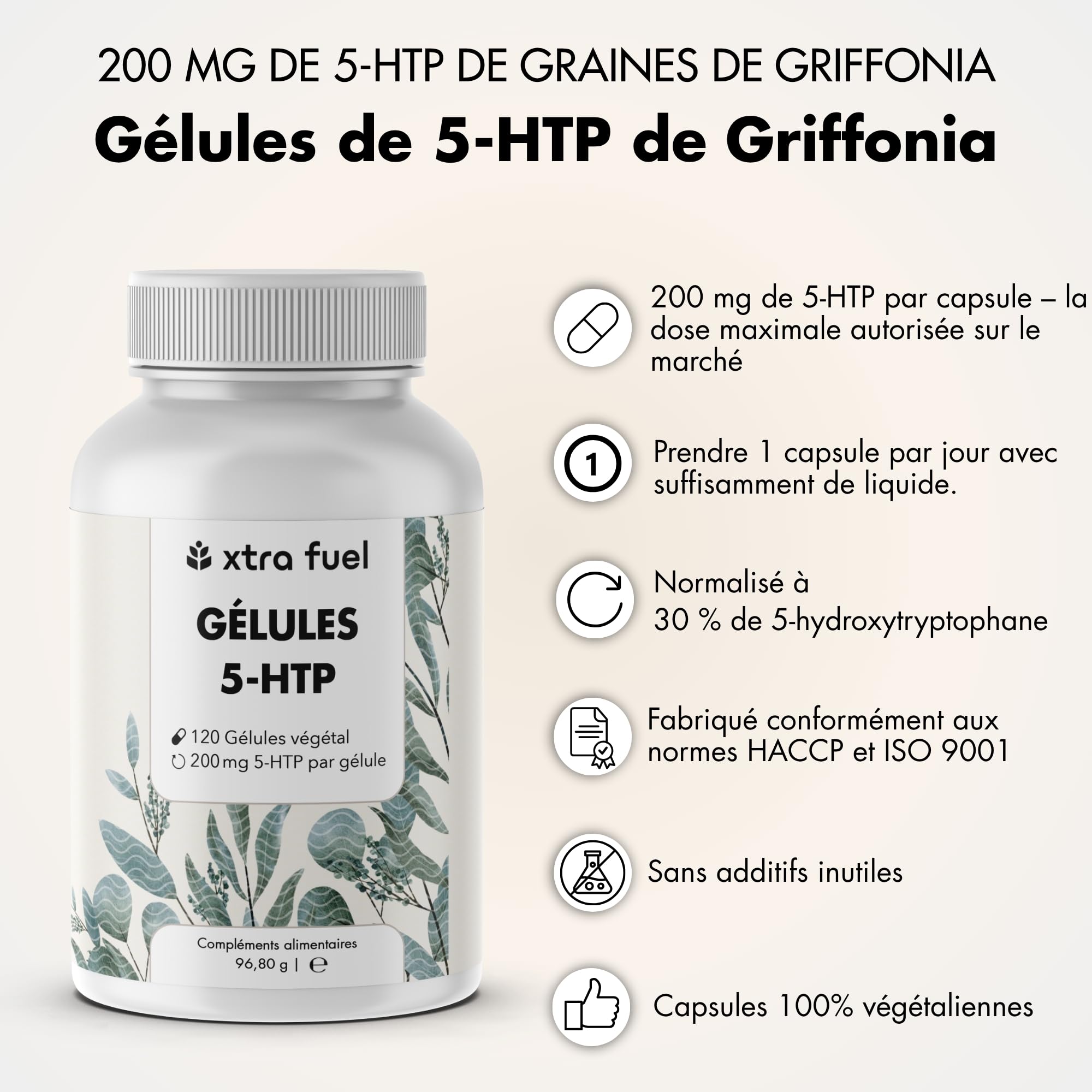 5-HTP 200 mg – 240 gélules – Extrait de Griffonia simplicifolia standardisé à 30% de 5-hydroxytryptophane – XTRA FUEL