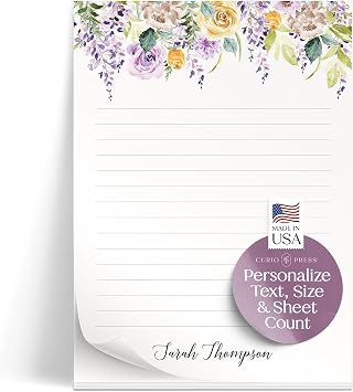 Curio Press Personalized Stationery Notepad for Women, Purple Flowers Pad | 50 or 100 Sheets, Floral Custom Script Font Name Notepads, Personalized Line or Unlined, Memo Pads, Unique Gift Idea