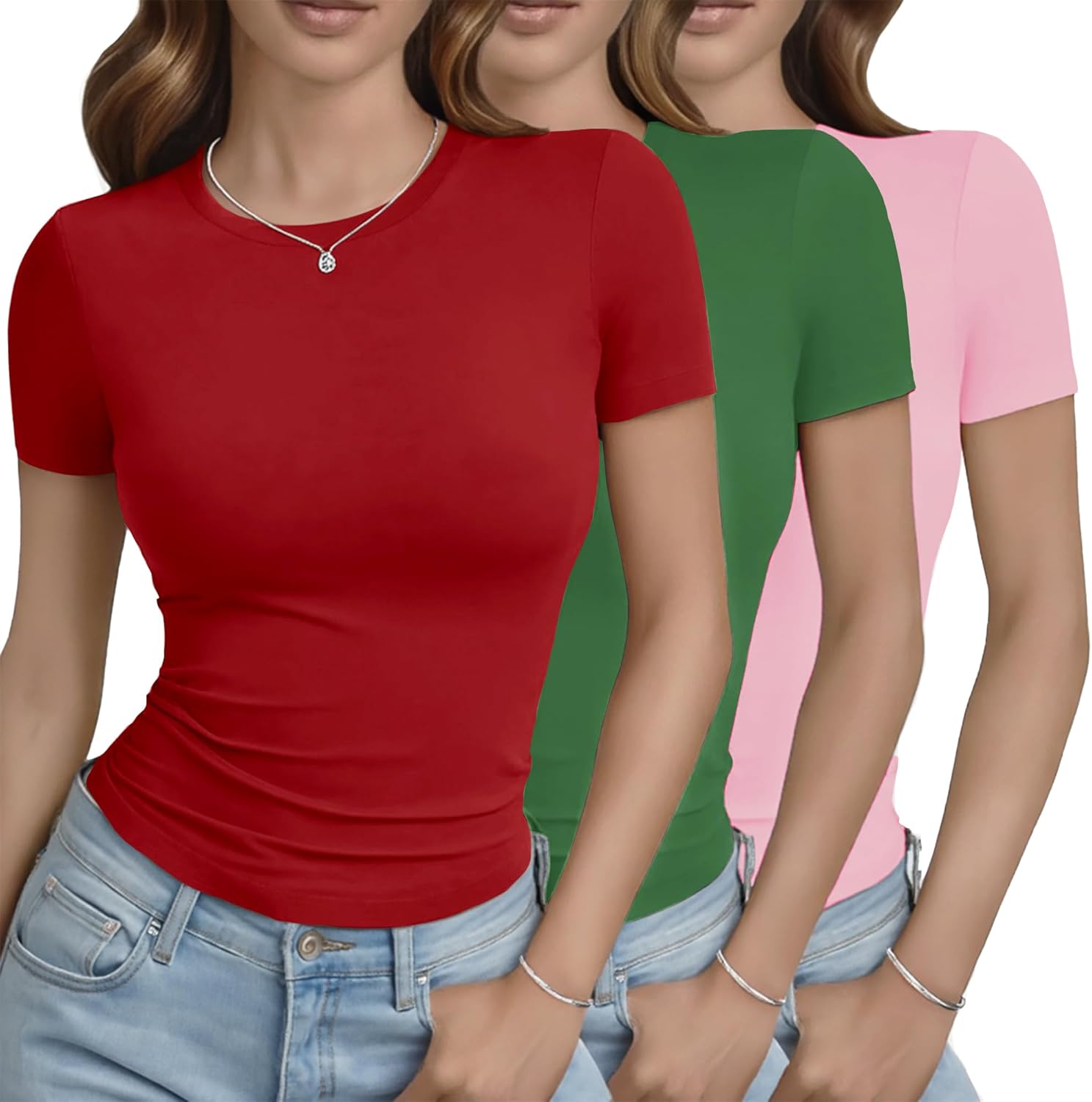GAYHAY 3 Pack Basic Tees for Women - Crew Neck Slim Fit Tight T Shirts Cute Y2K Trendy Crop Tops Clothes for Casual Summer