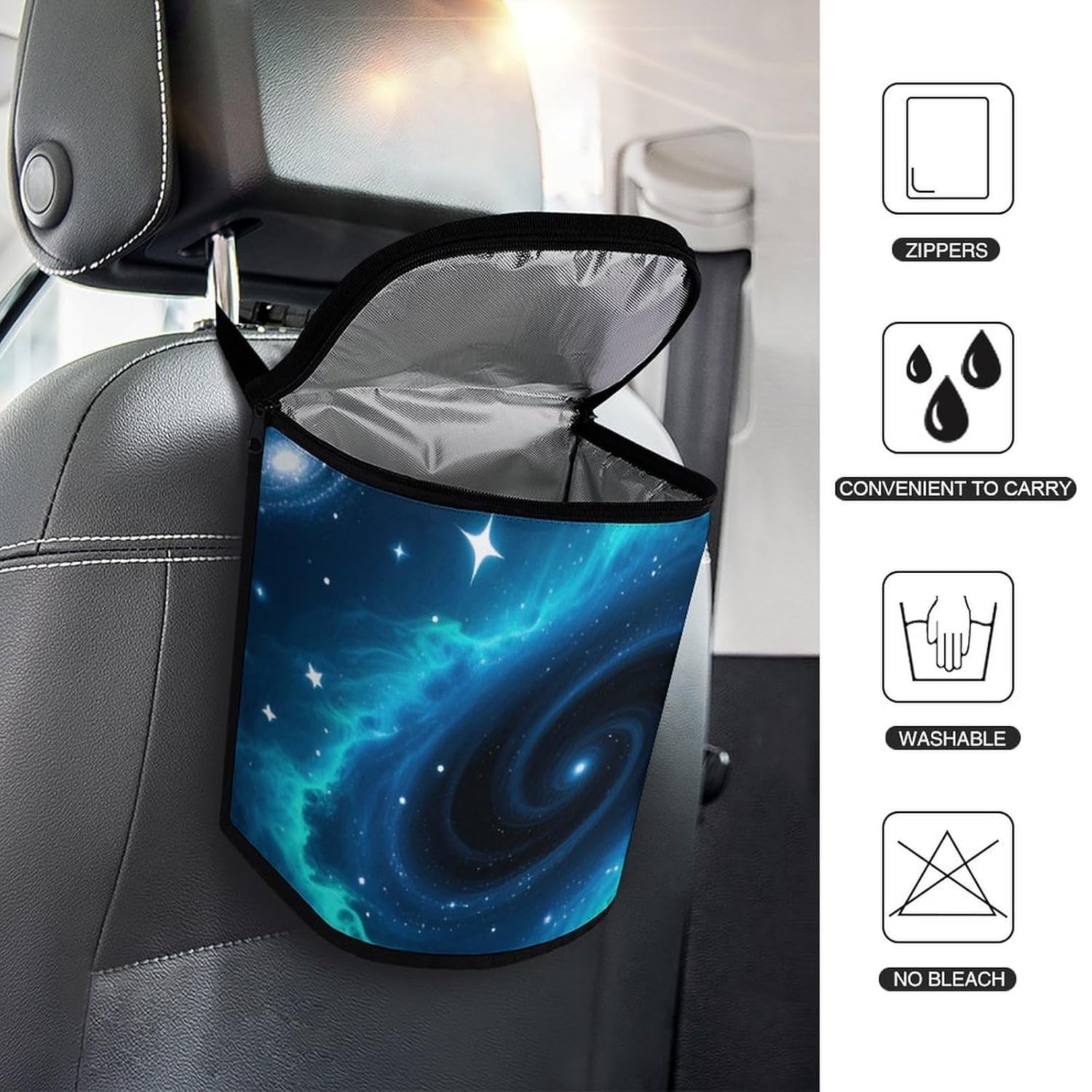 MUSM Leakproof Car Trash Can 2.5 Gallon, Durable Automotive Garbage Bag with Waterproof Liner, Galaxy Trash Bag for Car, Truck, RV & Bathroom