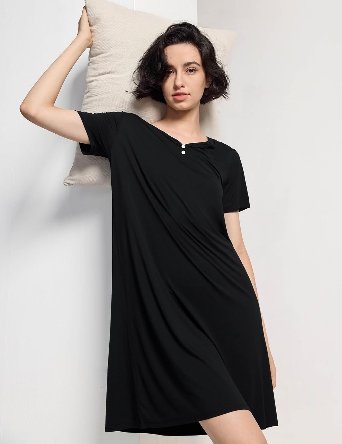 GYS Women's Nightgowns Bamboo Viscose Soft Comfy Short Sleeve V Neck Sleep Dress - Image 3