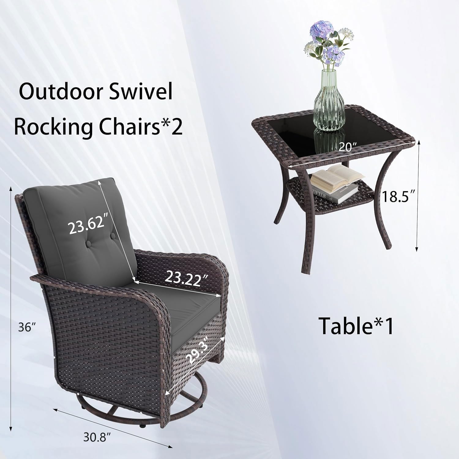 3 Piece Wicker Swivel Rocking Chair Set, Outdoor Patio Glider Chair with Glass Top Coffee Table, Conversation Furniture Set Suitable for Patio, Lawn, Outdoor, Back Garden(Grey)