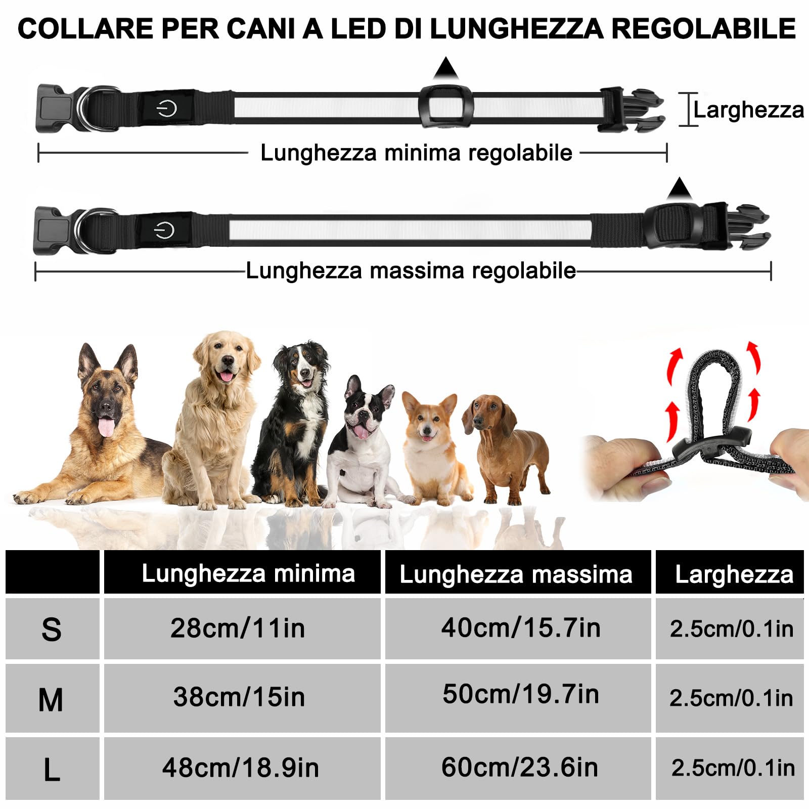 Nepfaivy Collare Luminoso per Cani Ricaricabile - Collare per Cani a Led con Lunghezza Regolabile, 3 Modalità di Illuminazione per la Sicurezza Notturna, Nero