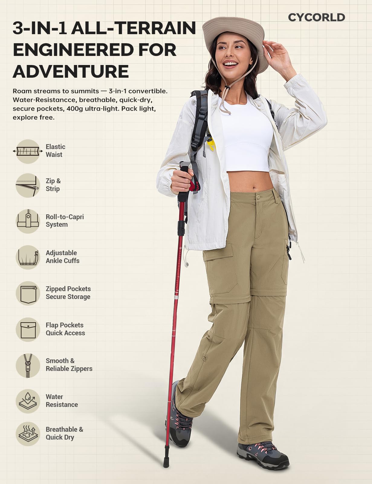 Cycorld Pantalones de senderismo para mujer, pantalones de trekking, transpirables, elásticos, pantalones de trekking desmontables, con cremallera, para verano, pantalones funcionale