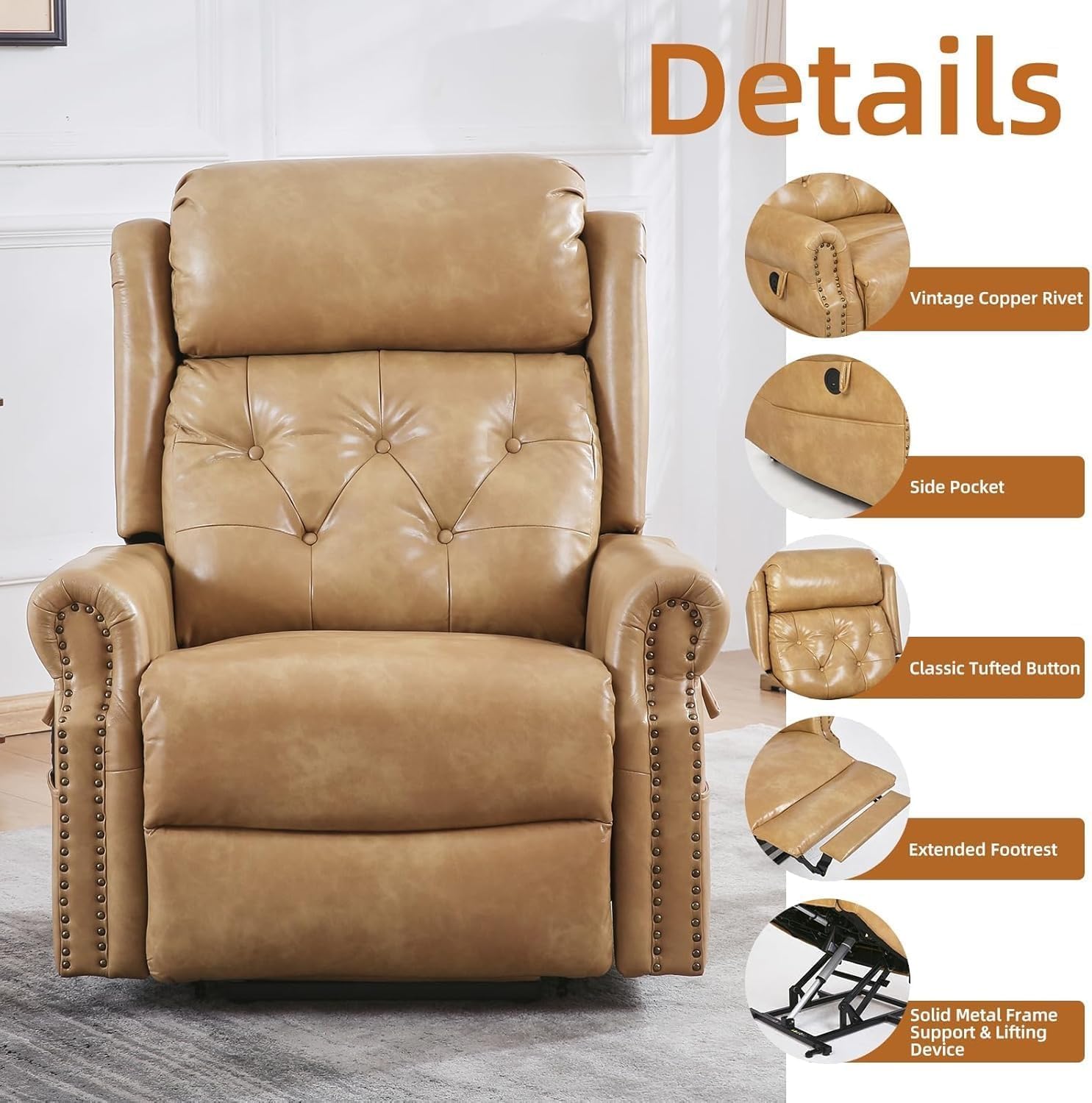 Recliner Sofa with Power Lift Recliner Chair Genuine Leather Adjustable Lay Flat Heat Massage for Elderly Adults Living Room Comfort