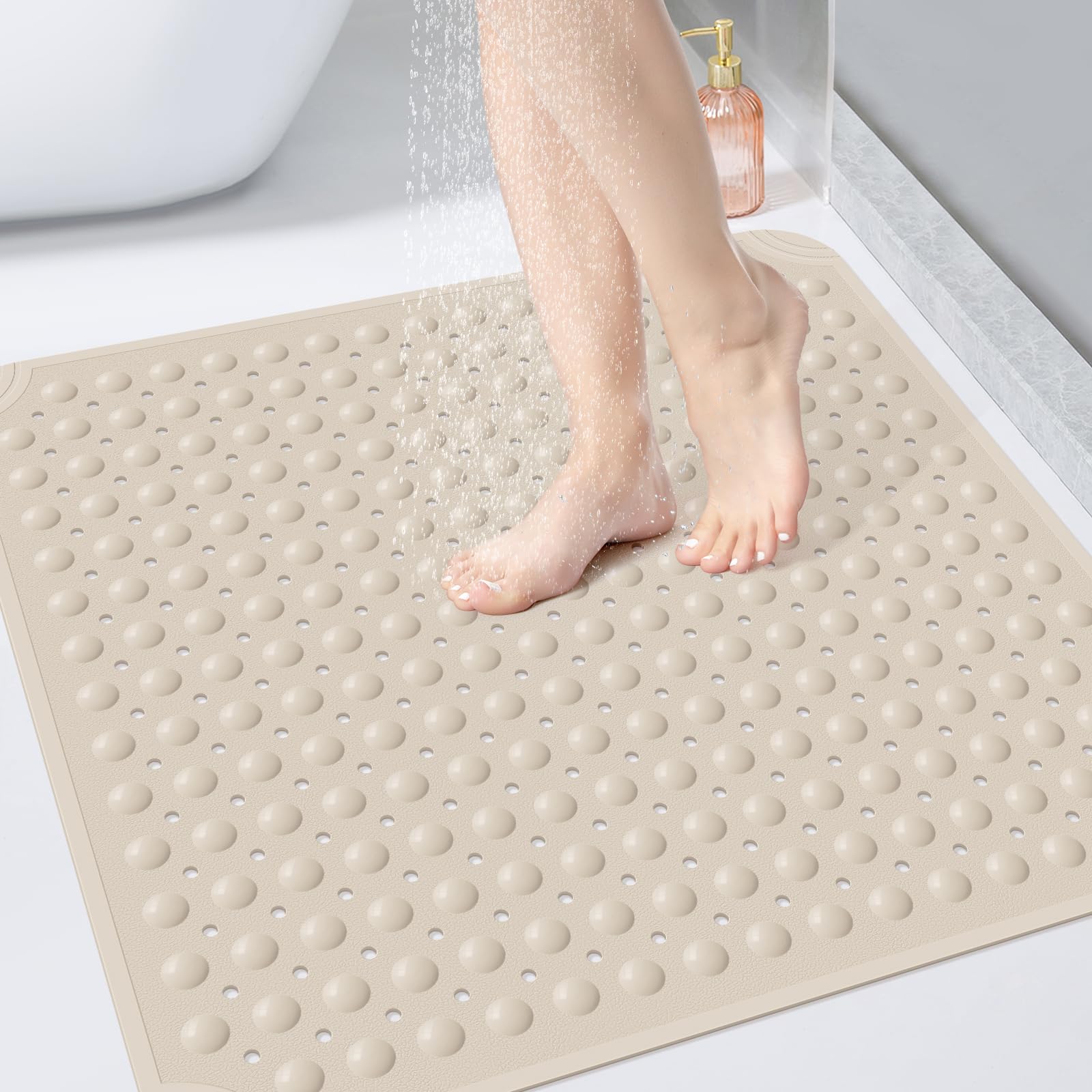 OTHWAY Square Shower Mat 32x32, TPE Non Slip Shower Mat, Inside Shower Mat with Drain Holes Suction Cups, Walk in Shower Mat for Shower Stall, Anti-Slip for Elderly Kids (Apricot)