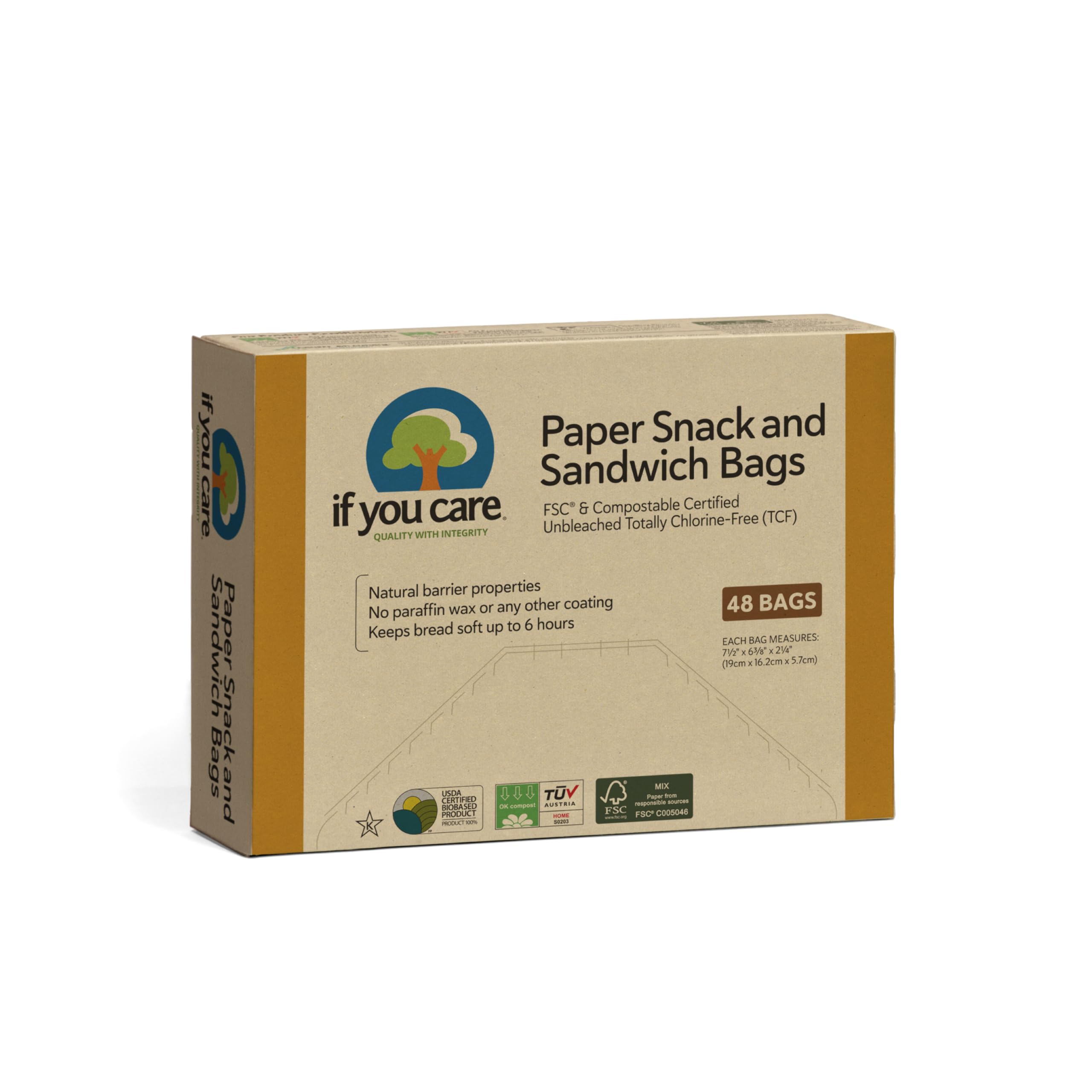 If You Care - Paper Snack & Sandwich Bags 100% Unbleached - 48 Bags