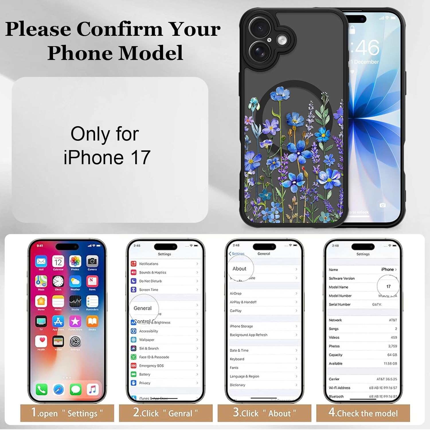ZIYE Floral Case for iPhone 17 Compatible with Magsafe Cute Blue Flower and Lavender Girls Women Cover Soft TPU Bumper Shockproof Hard Back Protective Phone Case