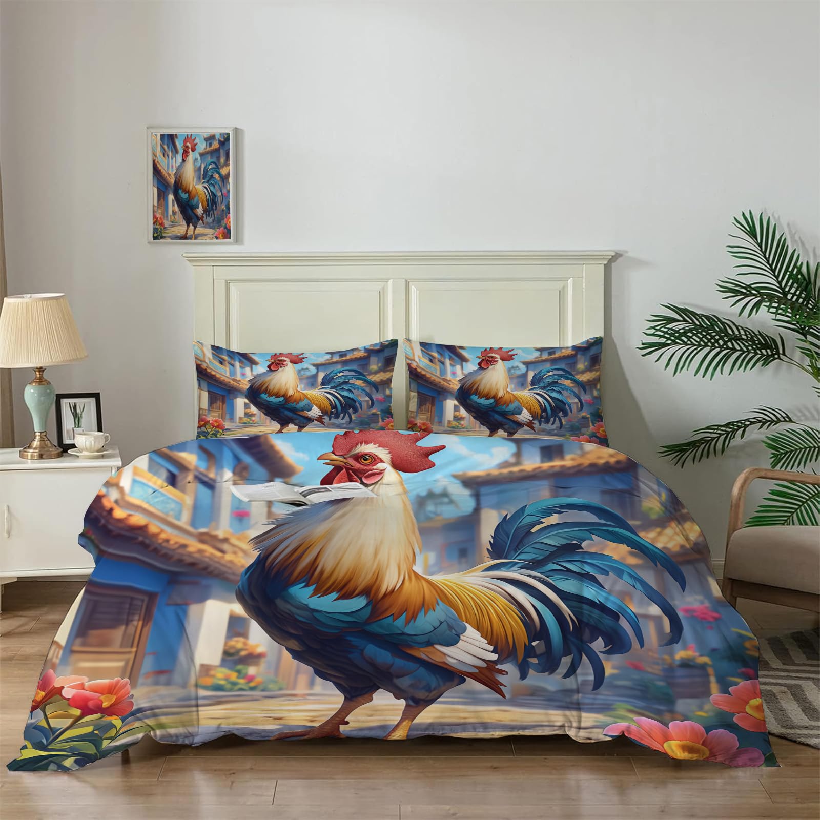 Housse de Couette Coq Bleu 140x200 Anti-Plis pour Sommeil Enfant