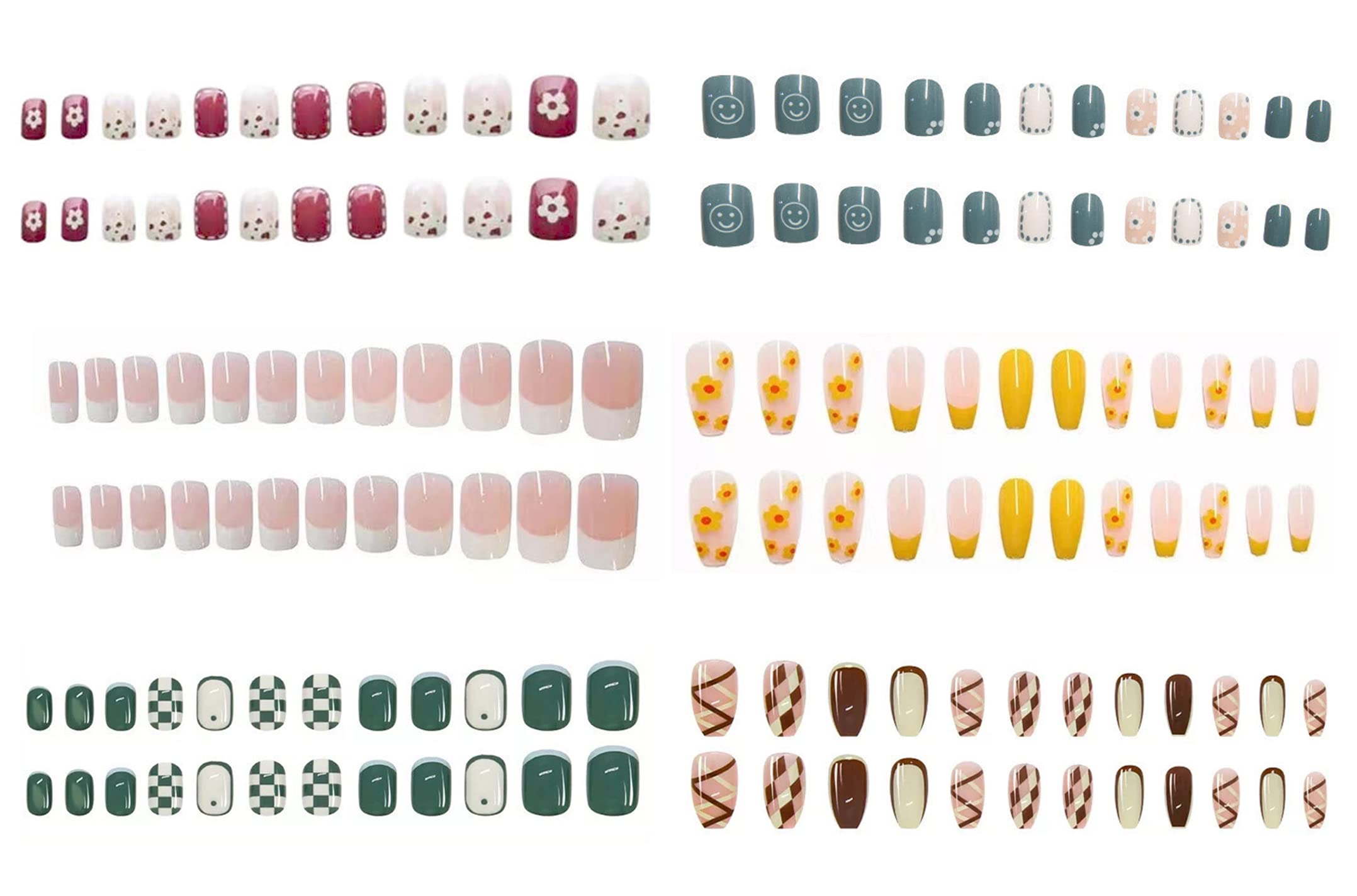 6 Packs (144 Pcs) Press on Nails, Press-On Manicure, 3 Packs Short False Nails + 3 Packs Medium Fake Nails