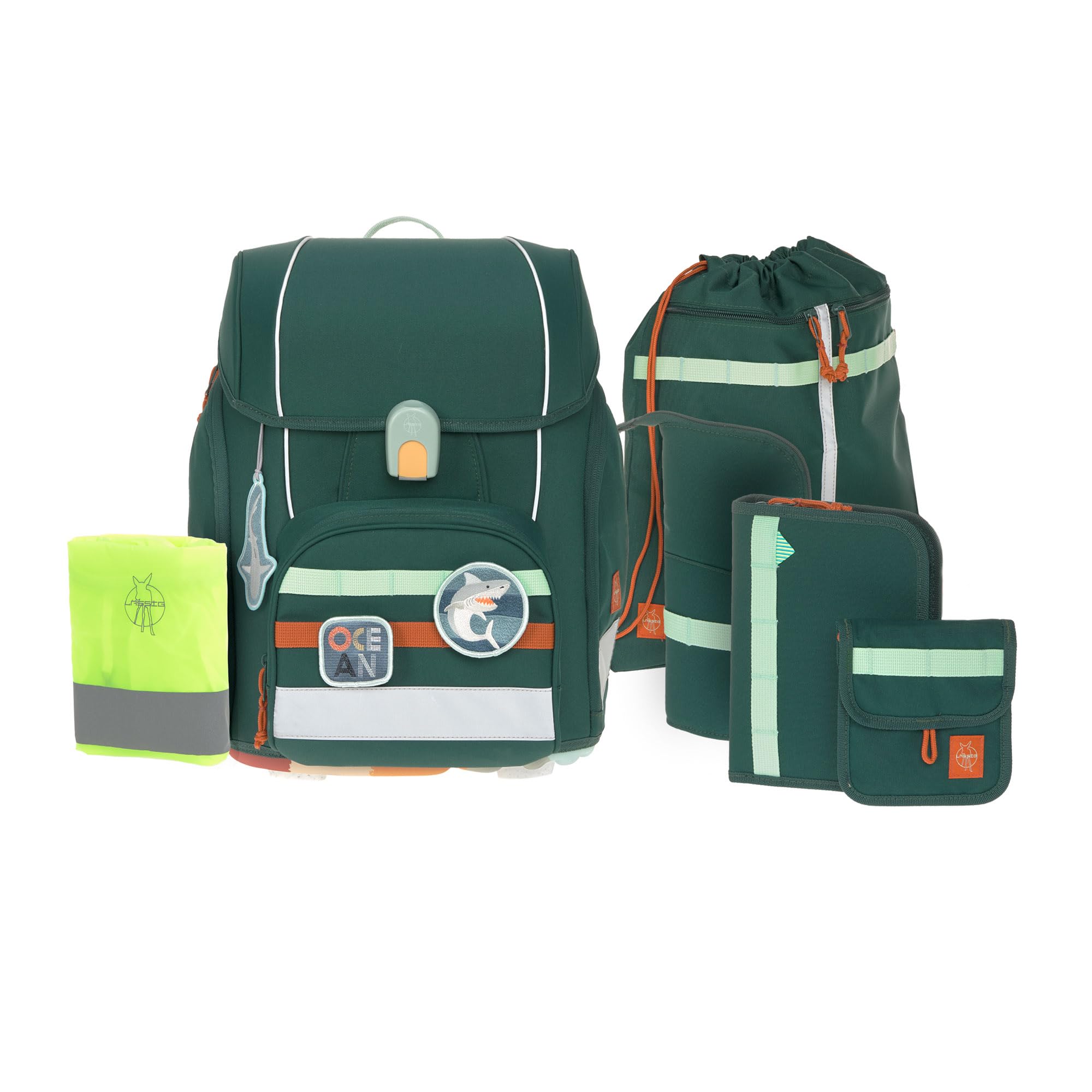 LÄSSIG 7-częściowy zestaw plecaków szkolnych dla dzieci/zestaw szkolny Boxy Unique Dark Green Ocean Edition, Zielona, nowoczesny