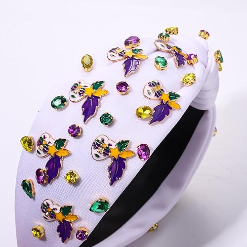 Miniatura 8 de boderier Diadema de Mardi Gras, diadema de flor de lis, diadema anudada con adornos de cristal, morado, verde, amarillo, carnaval, festivo,