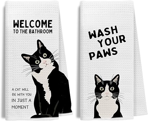 Miniatura 11 de Juego de 2 toallas de mano de baño con esmoquin verde retro, decoración de baño de gato, toallas de mano de gatito blanco y negro para baño, 16 x 24
