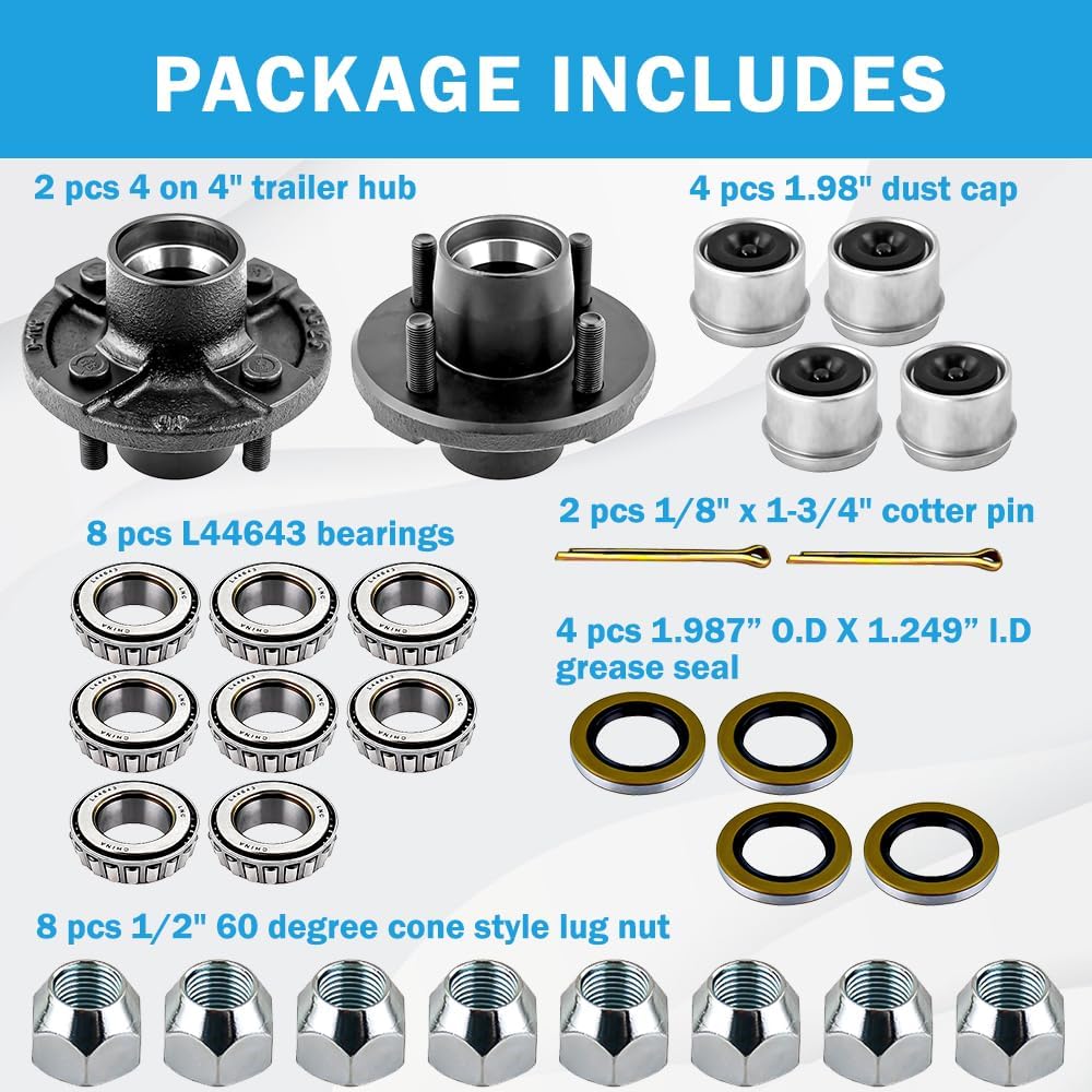 Trailer Idler Hub Kit 2000 lbs with 4 on 4" Trailer Hub & Round BT8 Spindle,1" and 1"-1/16" Trailer Axle Kits 4 Lug Include L44643 Bearings Kit,2 Sets
