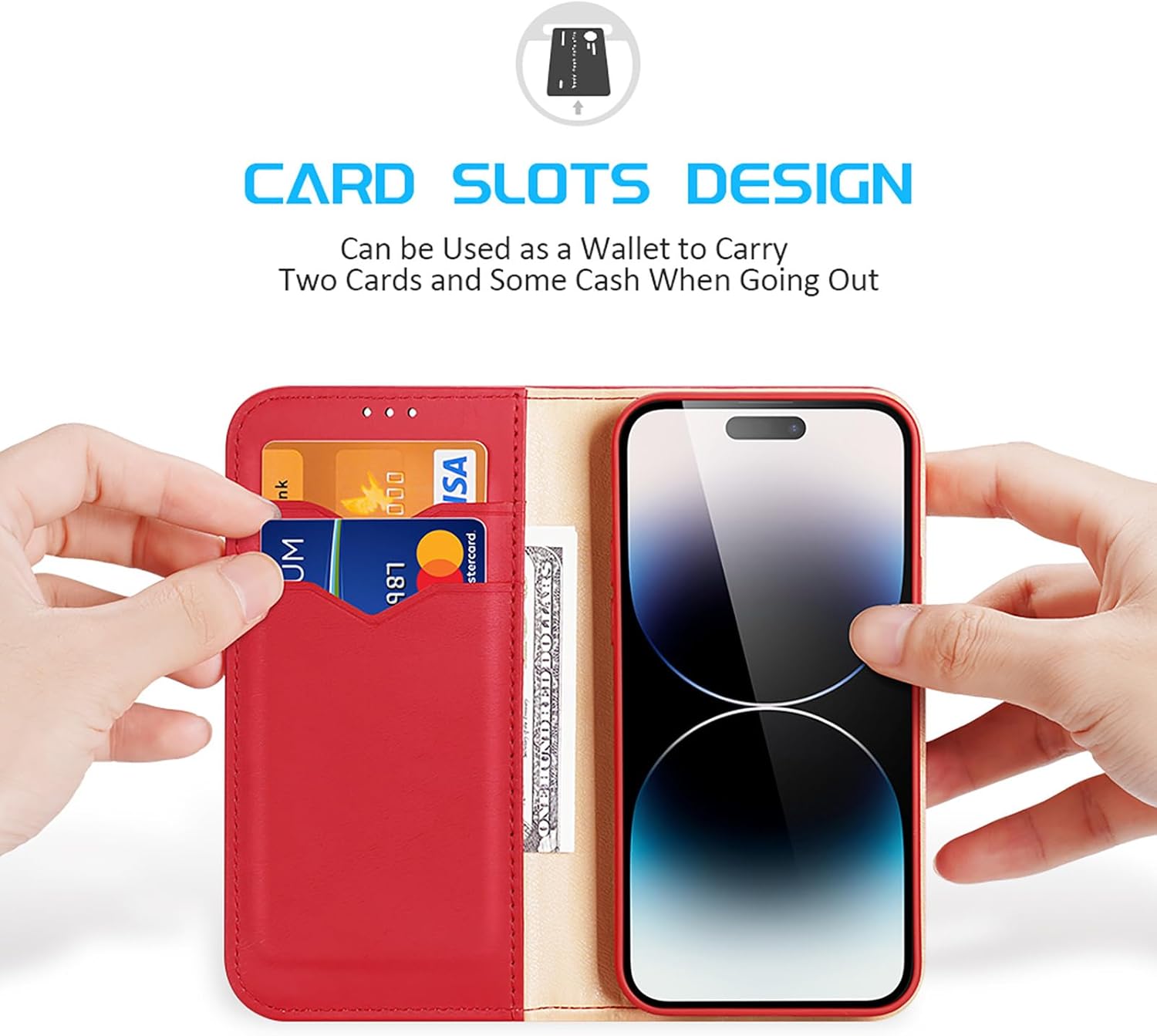 Wallet Case for iPhone 15 Pro Max/15 Pro/15 Plus/15, Handmade 100% Cowhide Leather Magnetic Flip Protective Cover with RFID Protection Card Slots & Stand Function