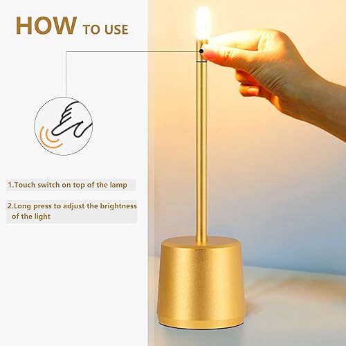 Miniatura 3 de Ppbmocw Lámpara de mesa inalámbrica dorada, lámpara de escritorio portátil recargable de 12 pulgadas de 2400 mAh, lámpara táctil alimentada por