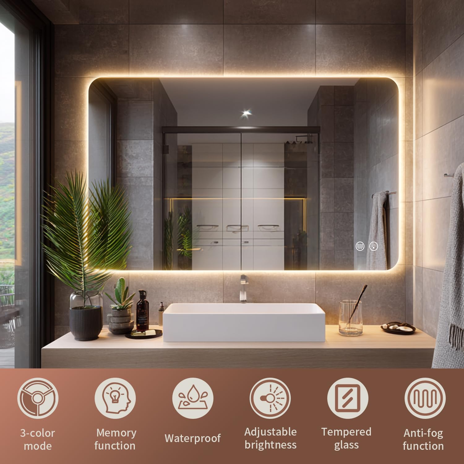 EOGOW Specchio retroilluminato per bagno, 91,4 x 61 cm, specchio da bagno retroilluminato a LED da parete con anti-appannamento, dimmerabile continuo, 3 luci colorate, alto lumen, certificato UL