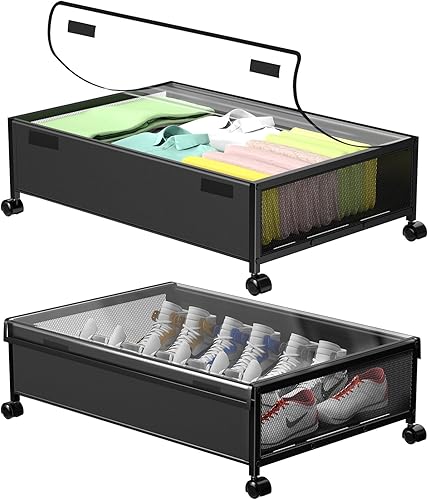 NADAMOO Almacenamiento debajo de la cama con ruedas y cubierta transparente, contenedores de almacenamiento rodantes debajo de la cama, marco de
