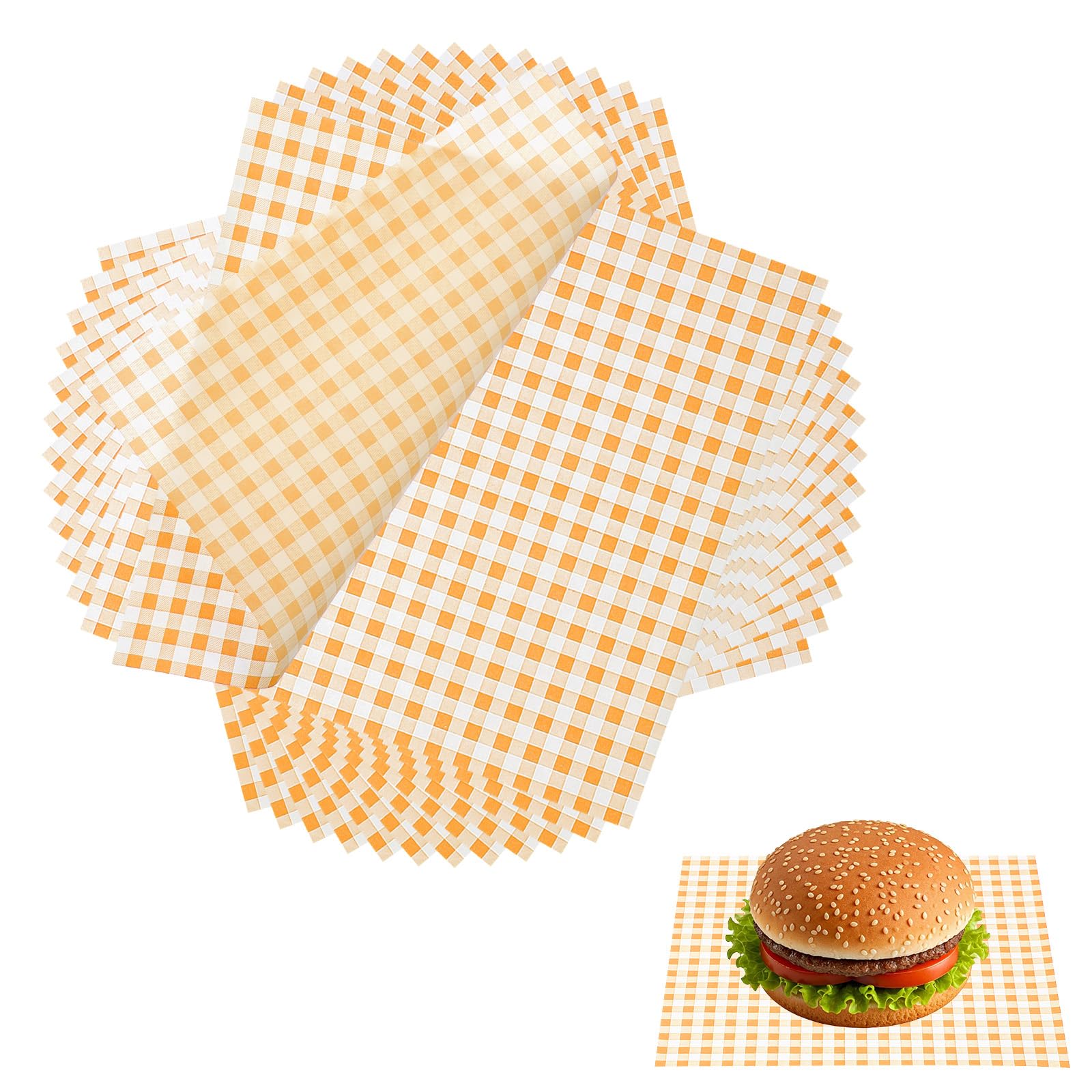 sourcing map 100 Pcs Wax Paper Sheets for Food, 8.7 x 8.7 Inch Greaseproof Wrapping Paper Sheets, Checkered Square Food Basket Liners for Sandwich Hamburger Bread, Yellow