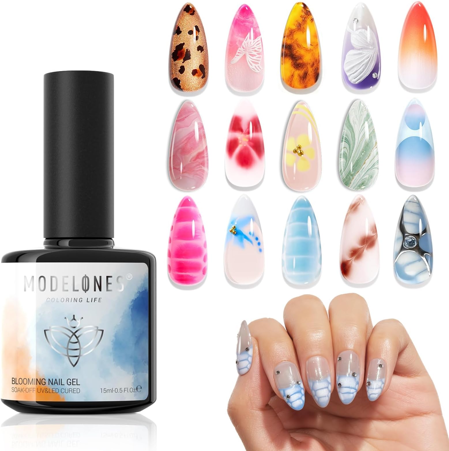 modelones Blooming Gel Nail Polish, 15 ml Clear Nail Art Accessories Stuff for Spreading Effects, Floral Print, Marble, Watercolor Design