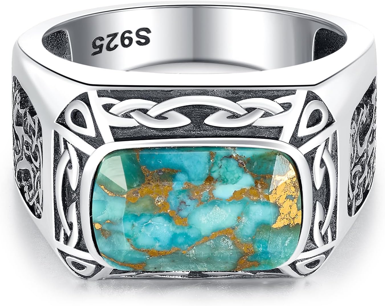 925 Sterling Silver Rings for Men, Teal Turquoise|Simulated Black Onyx Rings for Men Rings Bezel Setting Cross|Celtic Dragon|Greek Key Fashione Ring Jewelry Gift for Father Size 8-12 - Image 3