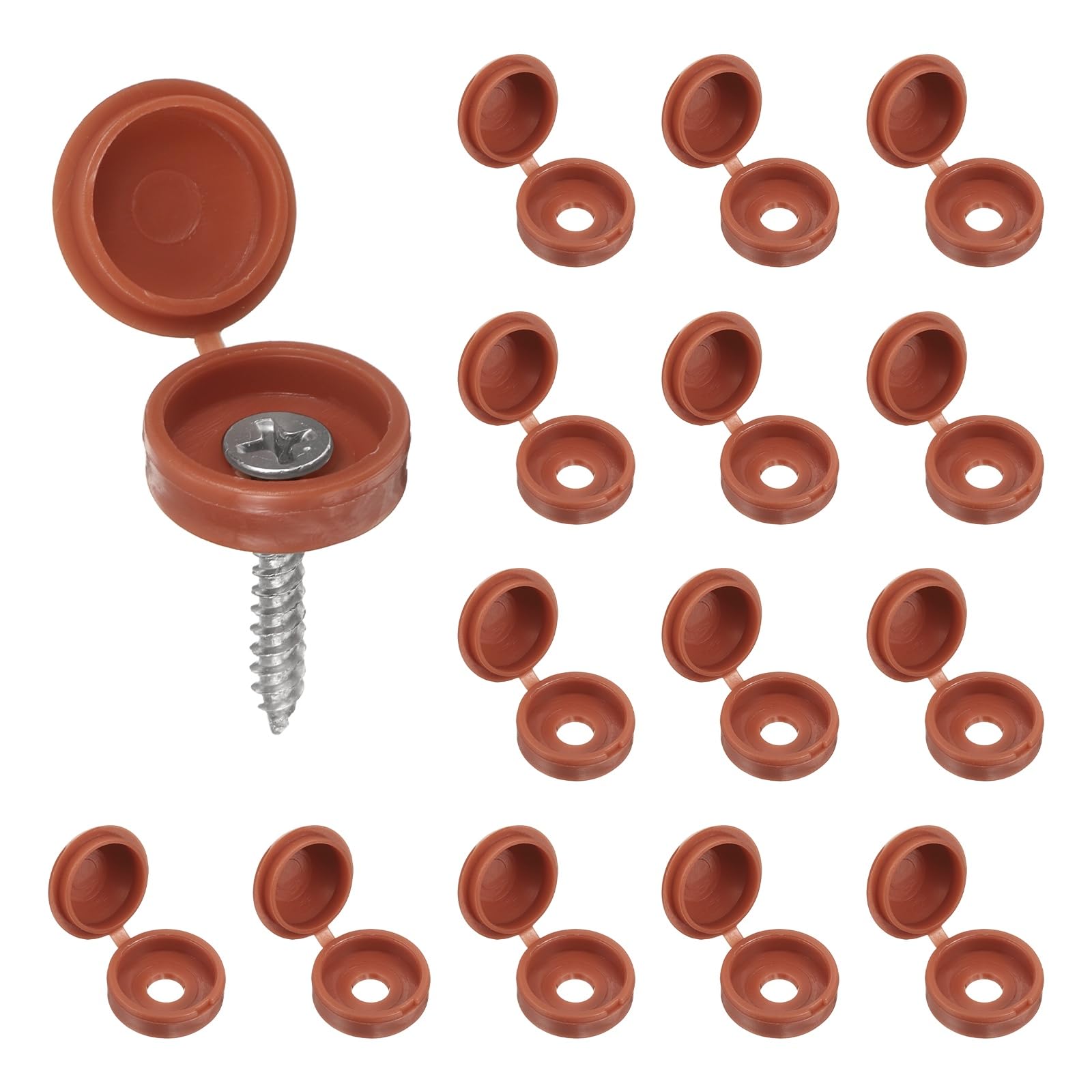 sourcing map 200pcs Plastic Hinged Screw Cover Caps 5.7mm / 0.22" Shutter Screw Caps Fold Snap Washer Covers for Windows Outside Railings Furniture, Brown