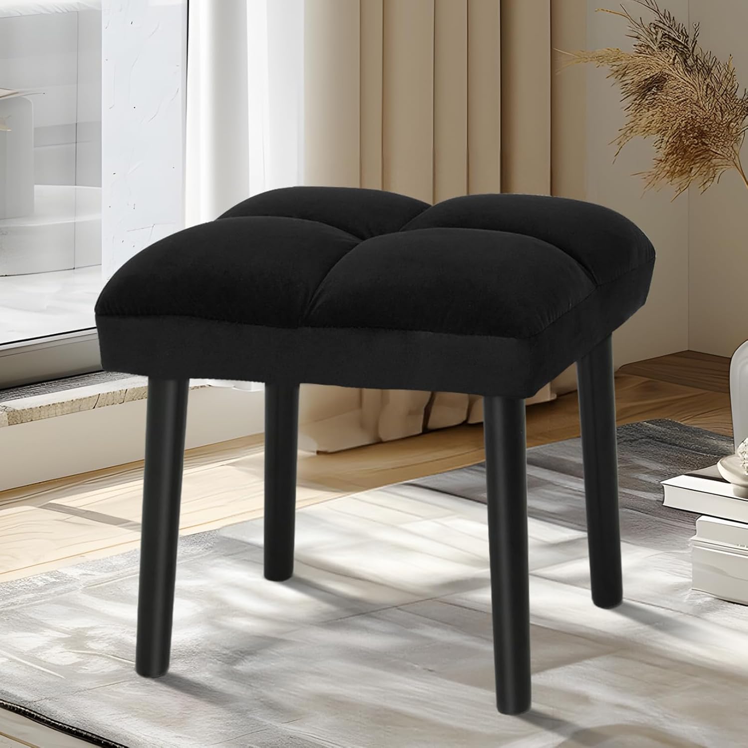 HOUCHICS Black Ottoman Stool, Square Makeup Stool with Wooden Legs, Small Ottoman Stools Chair for Vanity, Modern Padded Sofa Seat Foot Rest Stools(Black)
