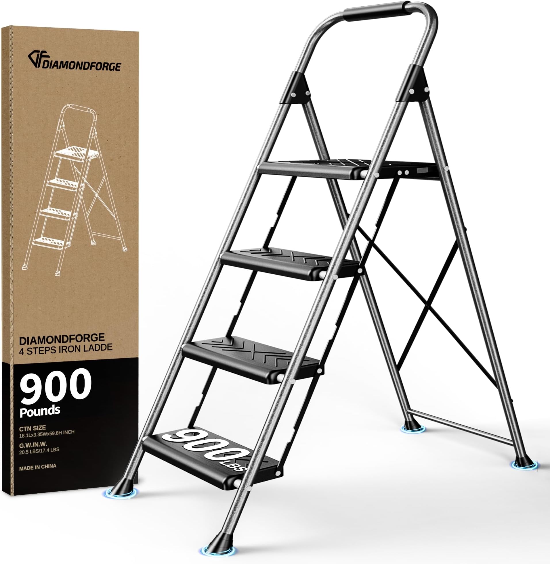 DiamondForge 4 Step Ladder,Folding Step Stool with Anti-Slip Wide Pedal,Soft Handle,Anti-Slip Feet,Built with Sturdiest Steel Construction,900lbs Capacity Steel Ladder for Household and Office, Grey