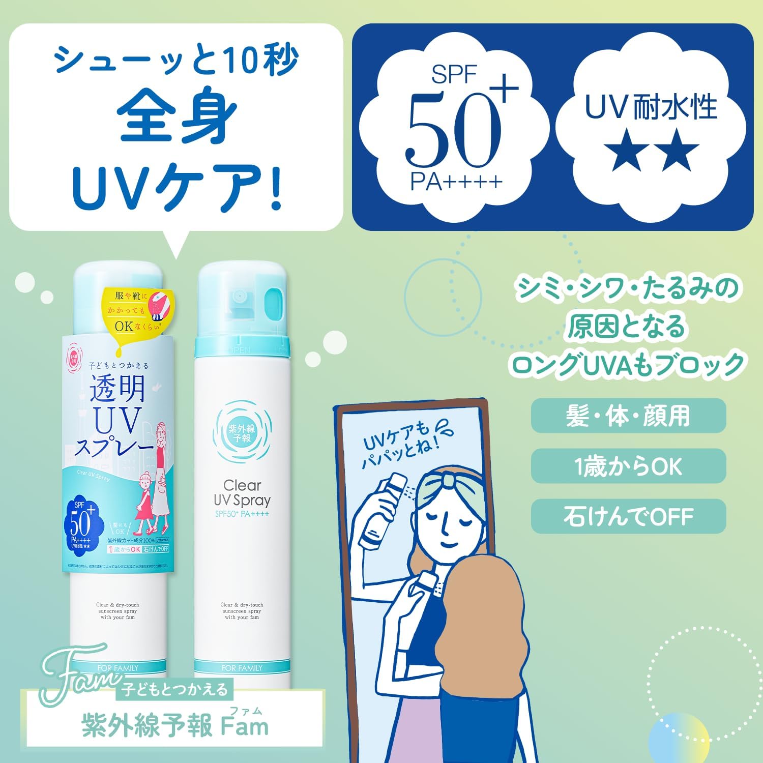 [リニューアル] 紫外線予報 透明UVスプレーF SPF50+ PA++++ UV耐水性★★ 1歳から使える 石けんでOFF 顔 髪 体 日焼けどめ スプレー 150g