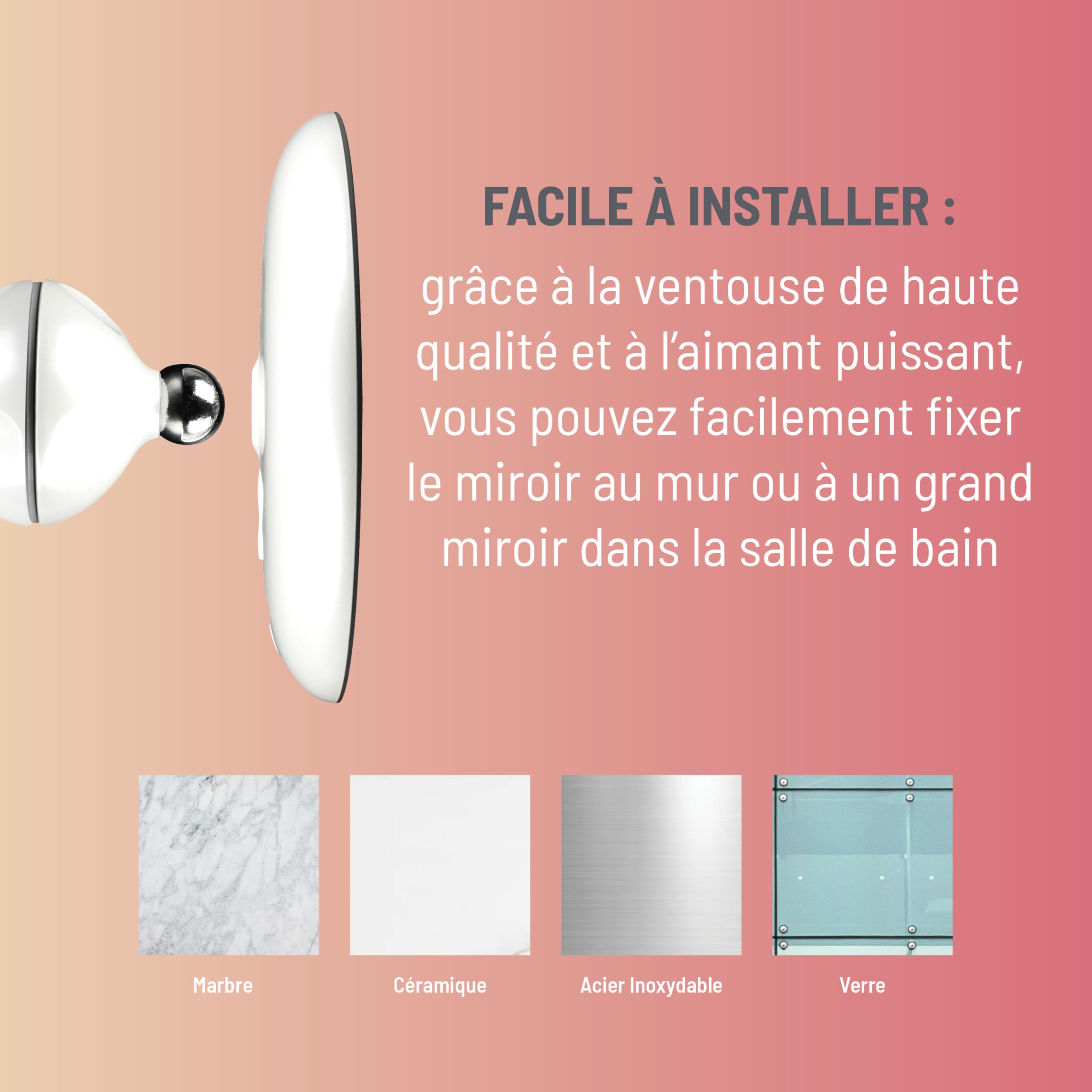 Haepi Colette Miroir Grossissant 7X Lumineux 3 Modes d'éclaraige LED avec Ventouse Rechargeable