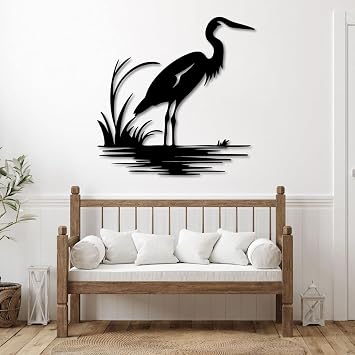Metal Heron Wall Decor,Elegant Metal Crane Wall Art,Coastal Bird Wall Art for Living Room, Bedroom, Bathroom,OfficeBlack,19x19inch/47x47cm