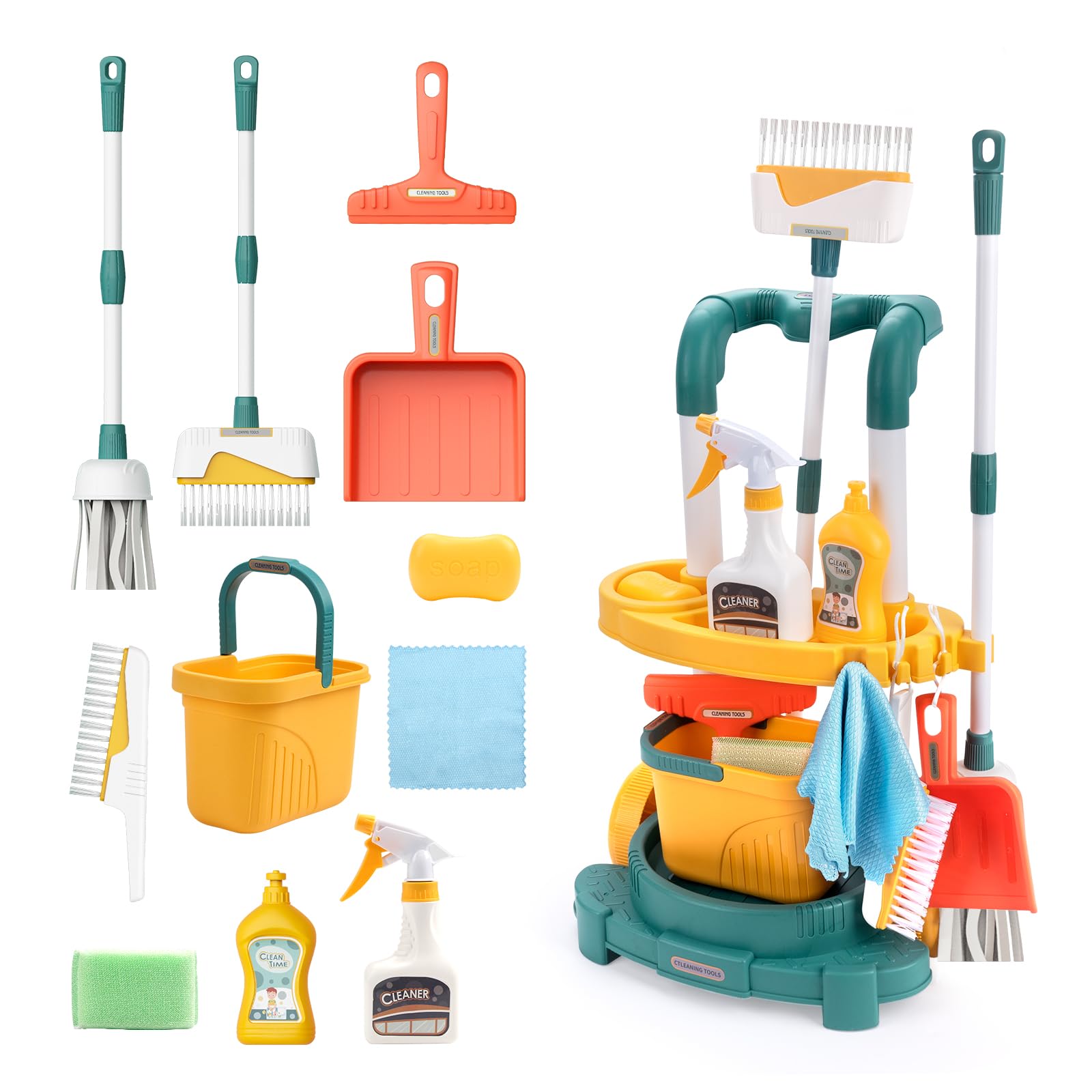 CoolplayKids Cleaning Set with Trolley Storage Rack, 12 - Piece Toddler Pretend Play Housekeeping Toys, Mop Broom Dustpan for Kid Boys and Girls