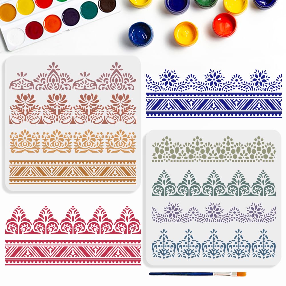 MAYJOYDIY 2pcs Lace Border Stencils 11.8×11.8inch 8 Styles Retro Ornate Border Lace Stencils with Paint Brush DIY Art and Craft Floral Edge Templates for Wood Canvas Wall Fabric Floor Furniture