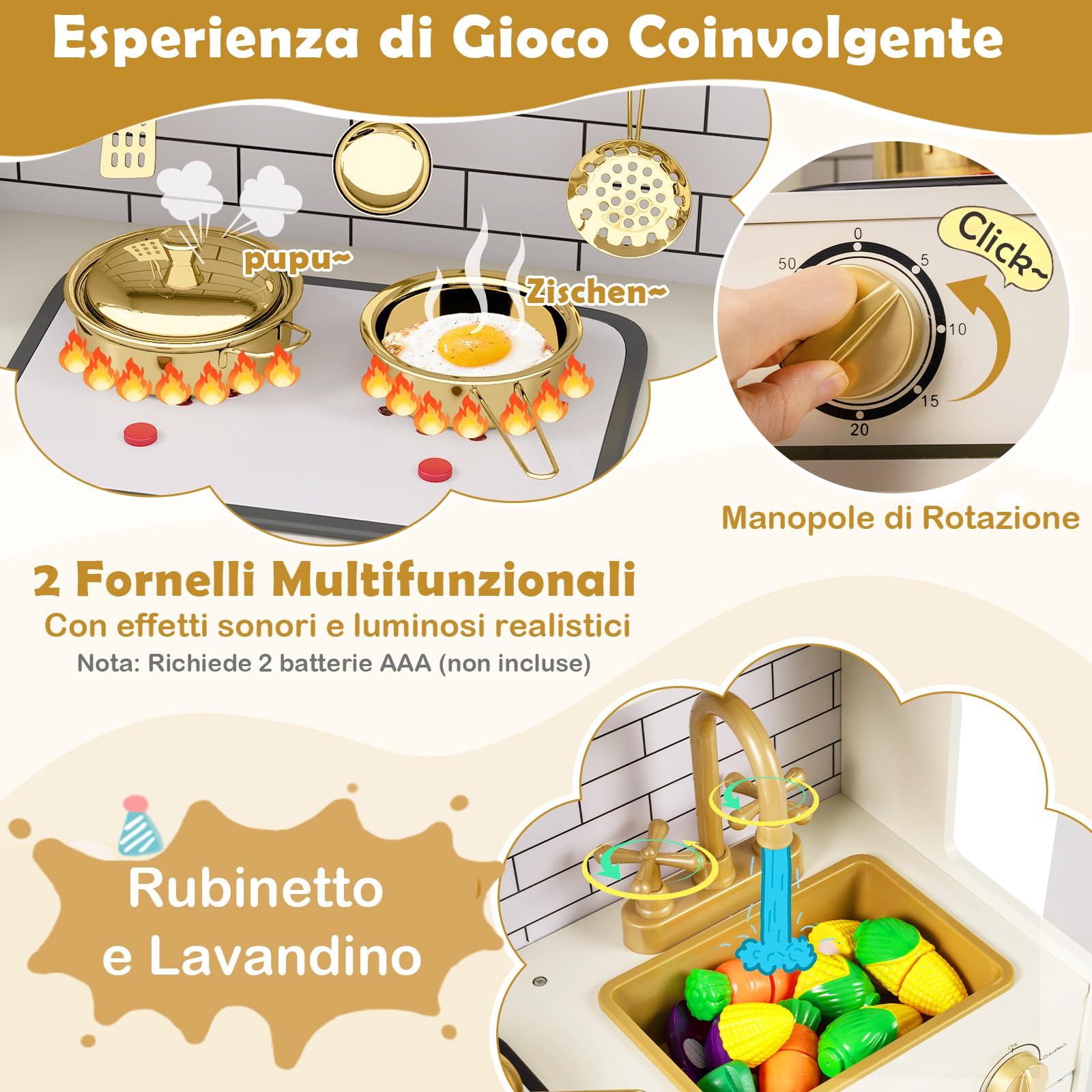 COSTWAY Cucina Giocattolo per Bambini, Set Cucina Gioco in Legno con Macchina per Ghiaccio, Caffettiera, Lavastoviglie e Accessori, Luci e Suoni, Regalo di Ruolo per Bambini 3+ Anni