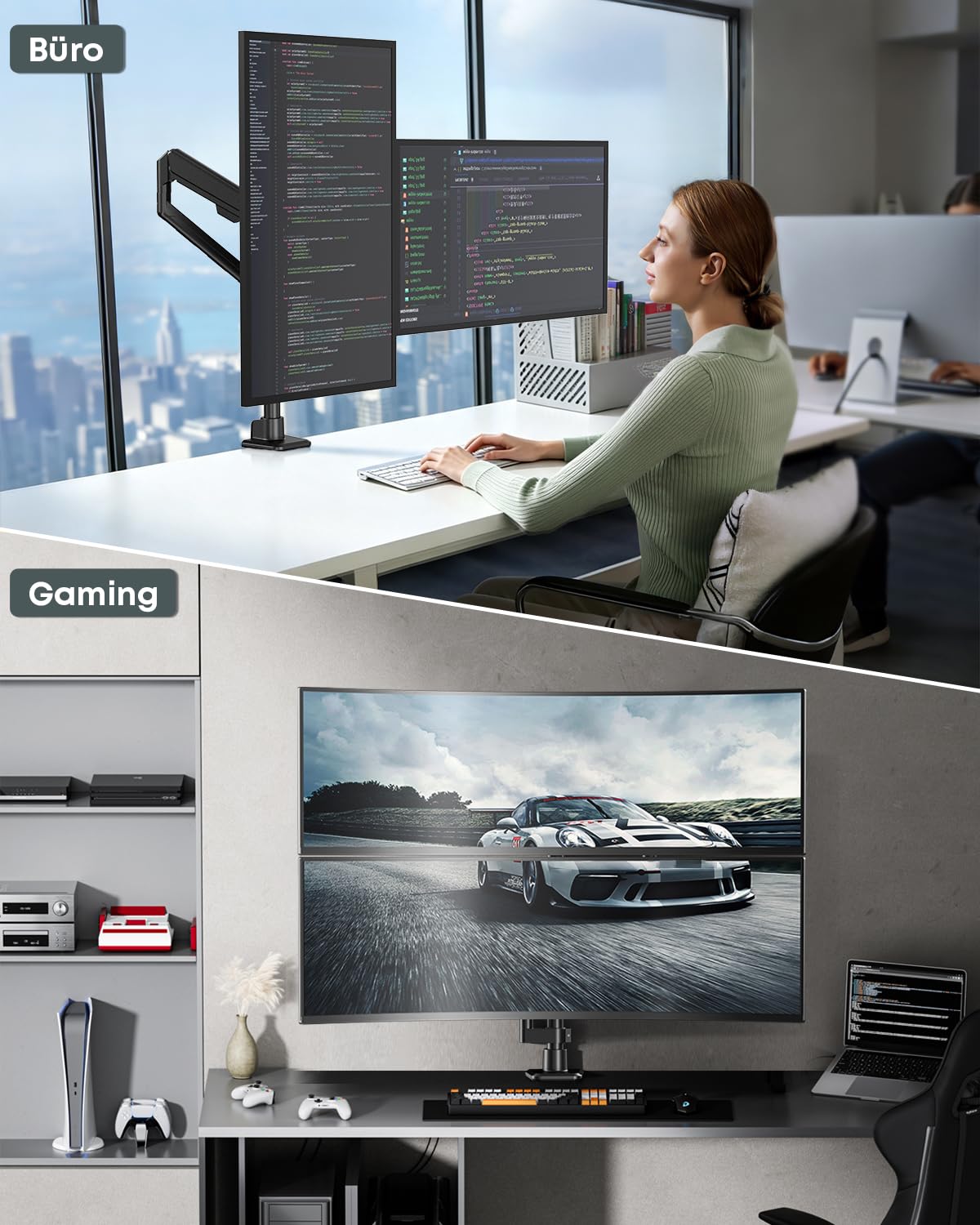 Monitor Halterung 2 Monitore für 17-40 Zoll, Gasfeder, Vollbewegung