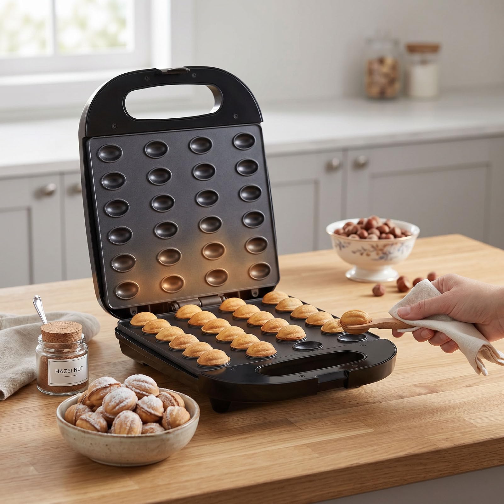 Elektrischer Kegelbäcker, 1400 W, Walnuss-Kuchenform, Antihaftbeschichtet, Sandwich-Grill-Toaster für Hausgemachte Desserts, Gebäck, Snacks, 24 Kapazitäten, Schnelles Erhitzen, (EU-Stecker