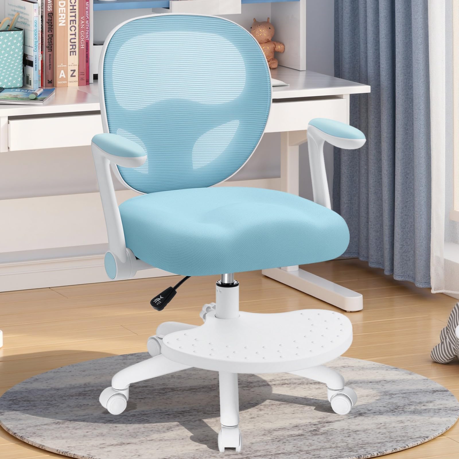 HOFFREE Silla de escritorio para niños, ergonómica, con reposabrazos plegable y reposapiés, giratoria, para niños y niñas, silla de mesa de malla para dormitorio, libros, azul