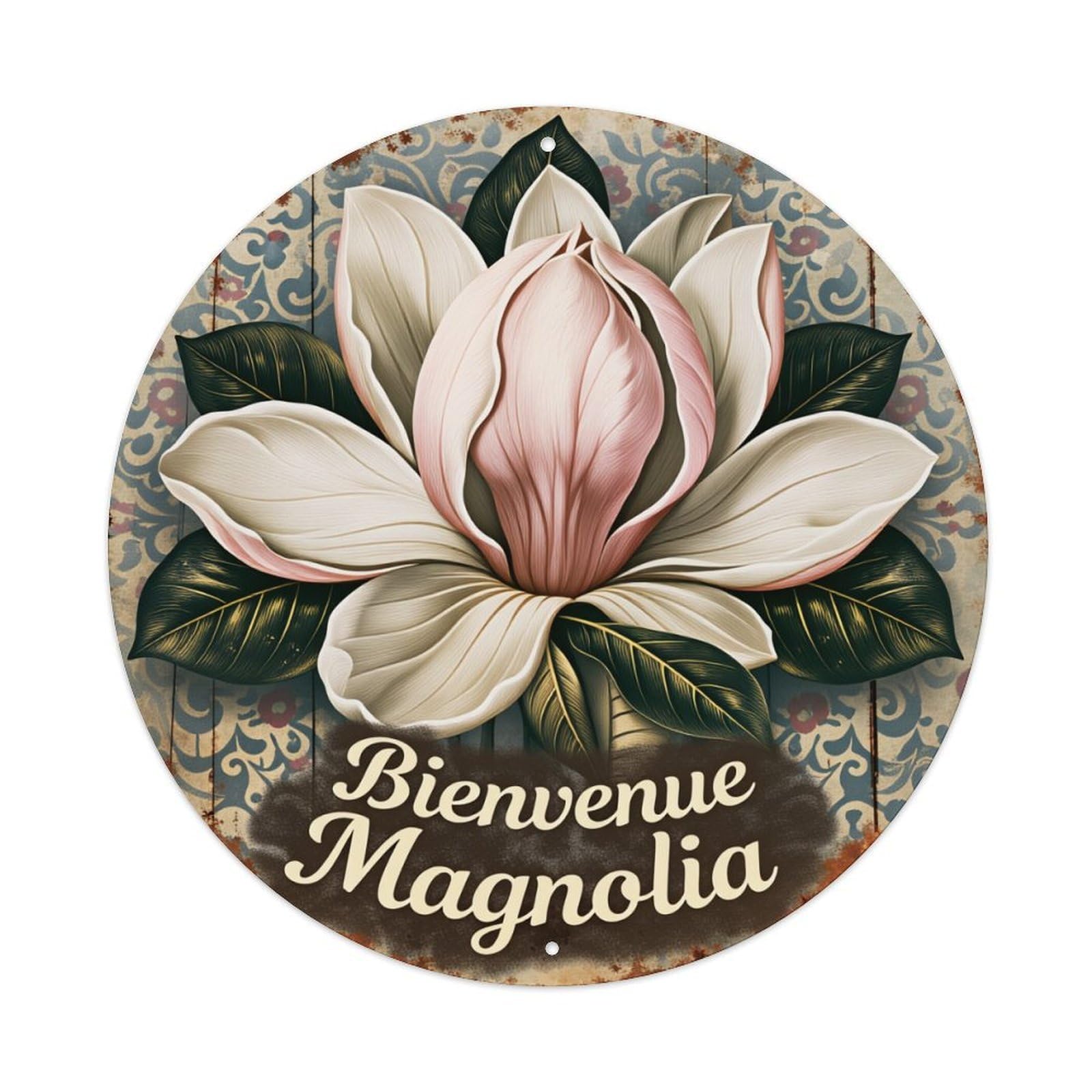 Magnolia Flower With Leaves On Patterned Background Round Vintage Tin Sign,Retro Wall Art,Metal Poster for Home, Bar, Garage, Cafe, Rustic Indoor & Outdoor Decor, 8x8 Inches