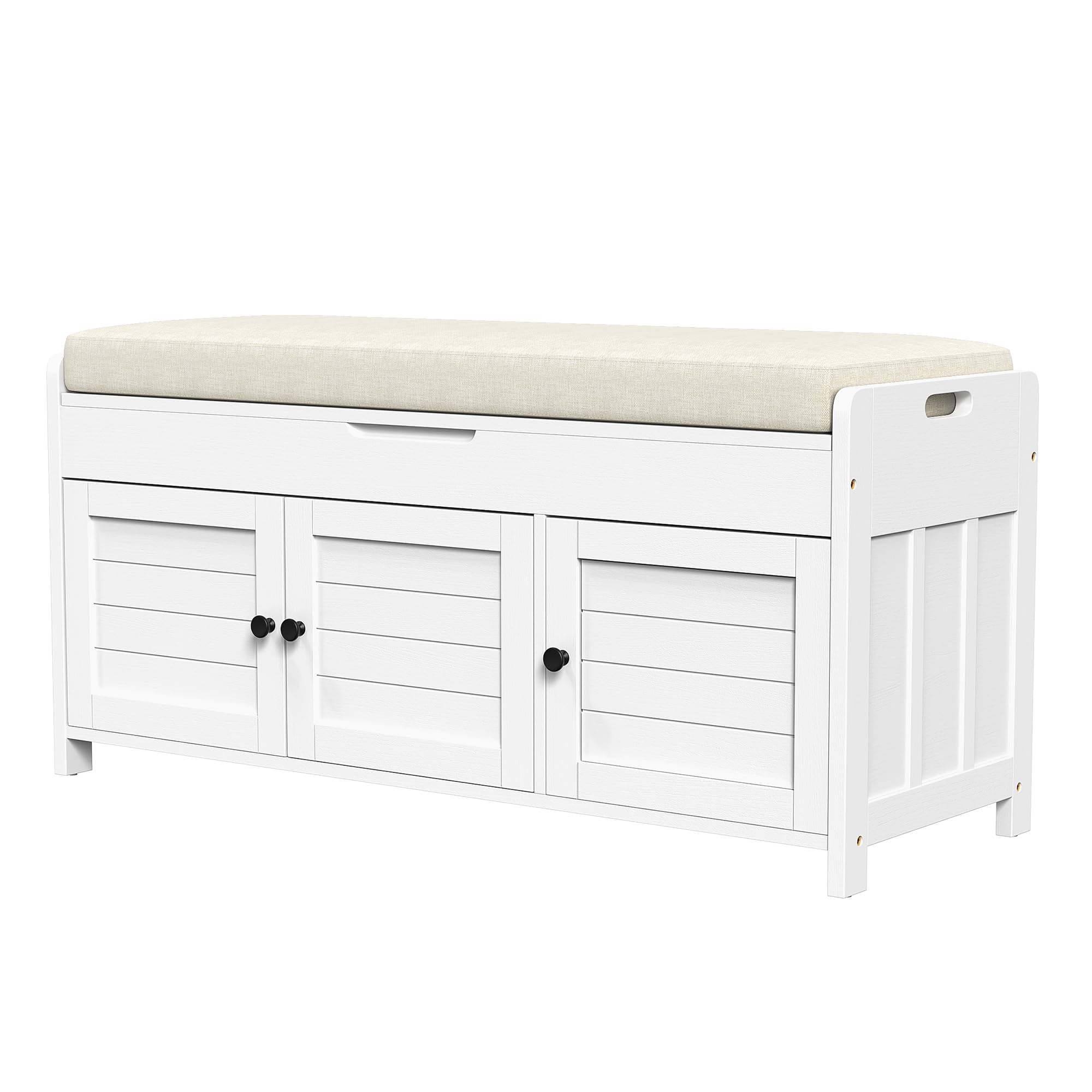 ROOMTEC 43.5" Shoe Storage Bench for Entryway, Bench with Shoe Storage, Storage Bench with Cushion and Hidden Storage, Shoe Bench with Storage for Entryway, Hallway, Mudroom and Living Room, White