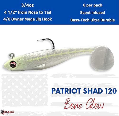 Miniatura 8 de U.S.A. Bass Tackle - Patriot Shad - Cebos de natación con cola de pala, señuelos suaves pre-aparejados, imitación de pez cebo, cebo premium con